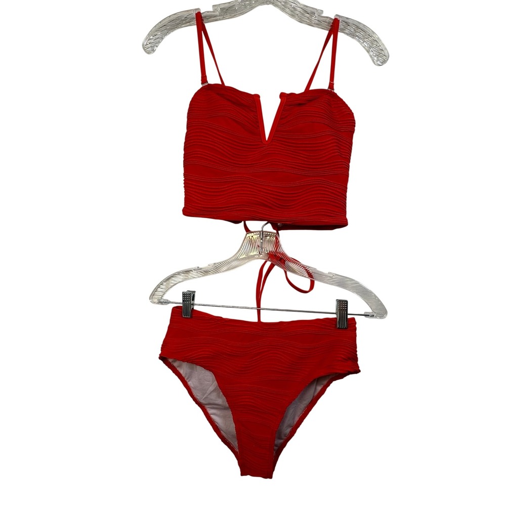 ZAFUL Red Ribbed Textured V-Wired Lace Up Bikini Set High Waisted Medium